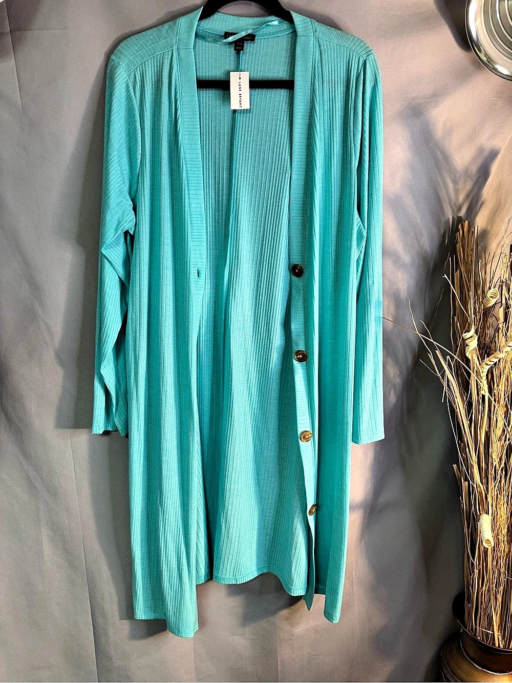 Lane Bryant Long Button-Front Cardigan in turquoise blue